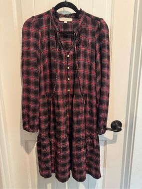 LOFT Tartan Tiered Button-Front Dress | Medium
